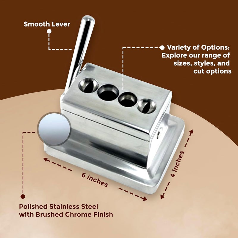 Cigar Essentials Oasis Classic Desktop Quad Cutter - Straight or V-Cut for 52-60 Ring Gauge - Table Top Cutter - Your Cut Buddy Tool - Aluminum, Stainless Steel - 6"L x 4.25"W - Silver - Image 3